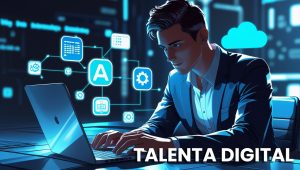 Ilustrasi talenta digital yang bekerja dengan teknologi dalam dunia digital.