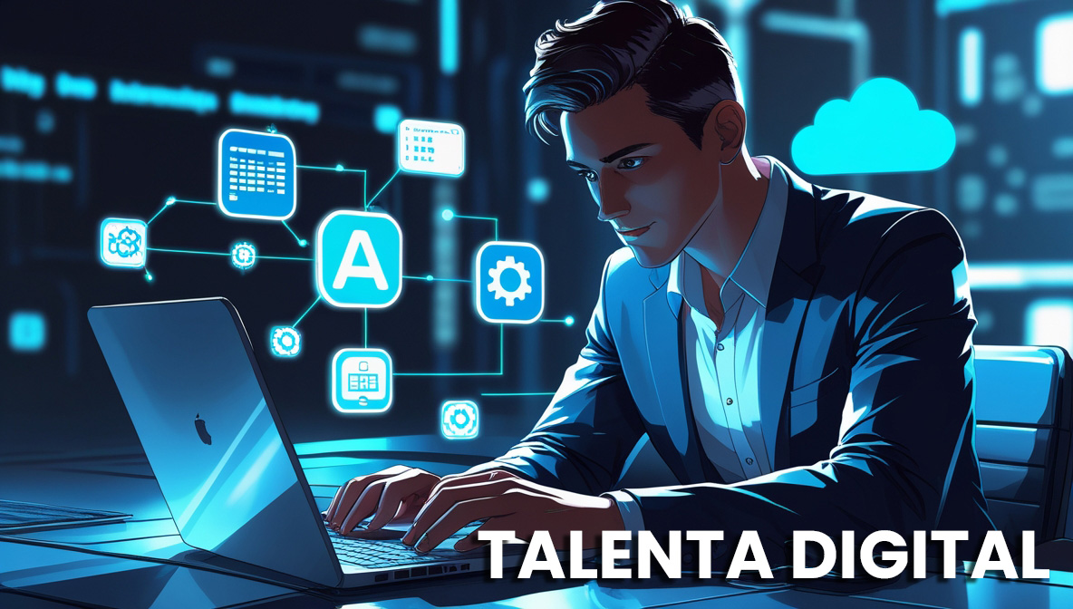 Ilustrasi talenta digital yang bekerja dengan teknologi dalam dunia digital.
